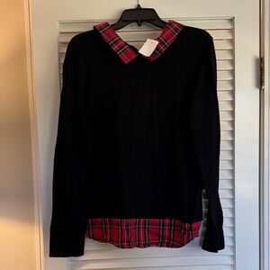 J. Crew Black Sweater with Red Plaid Details